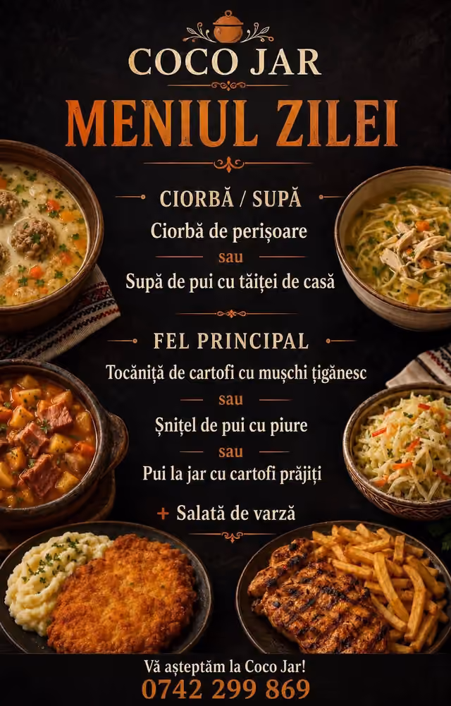 Afișul meniului servit Luni, 17 august 2026