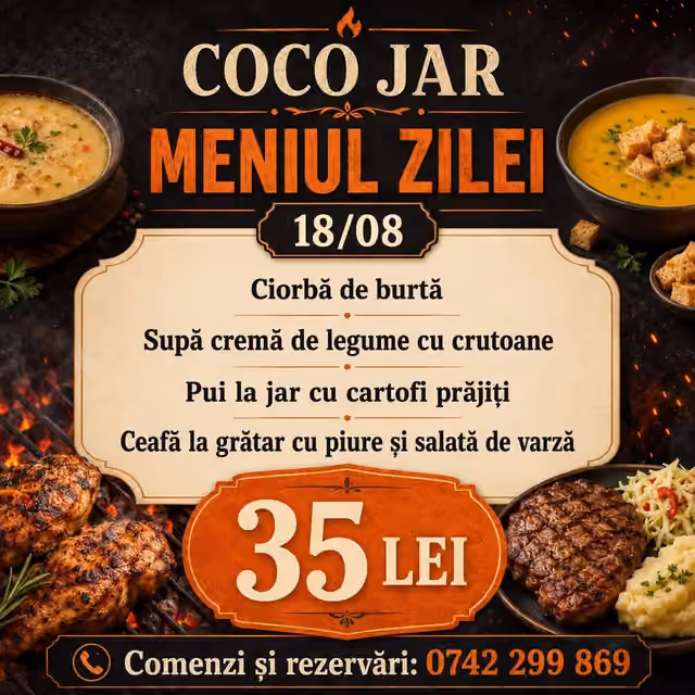 Afișul meniului servit Marți, 18 august 2026