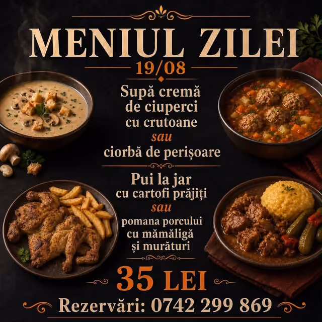 Afișul meniului servit Miercuri, 19 august 2026