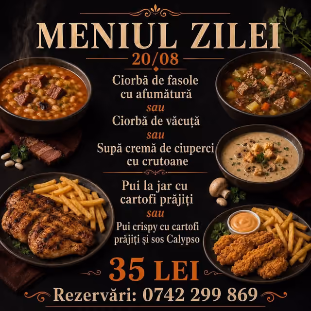 Afișul meniului servit Joi, 20 august 2026