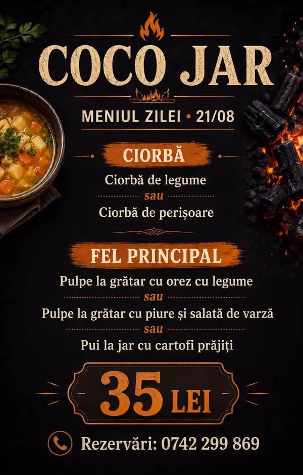 Afișul meniului servit Vineri, 21 august 2026