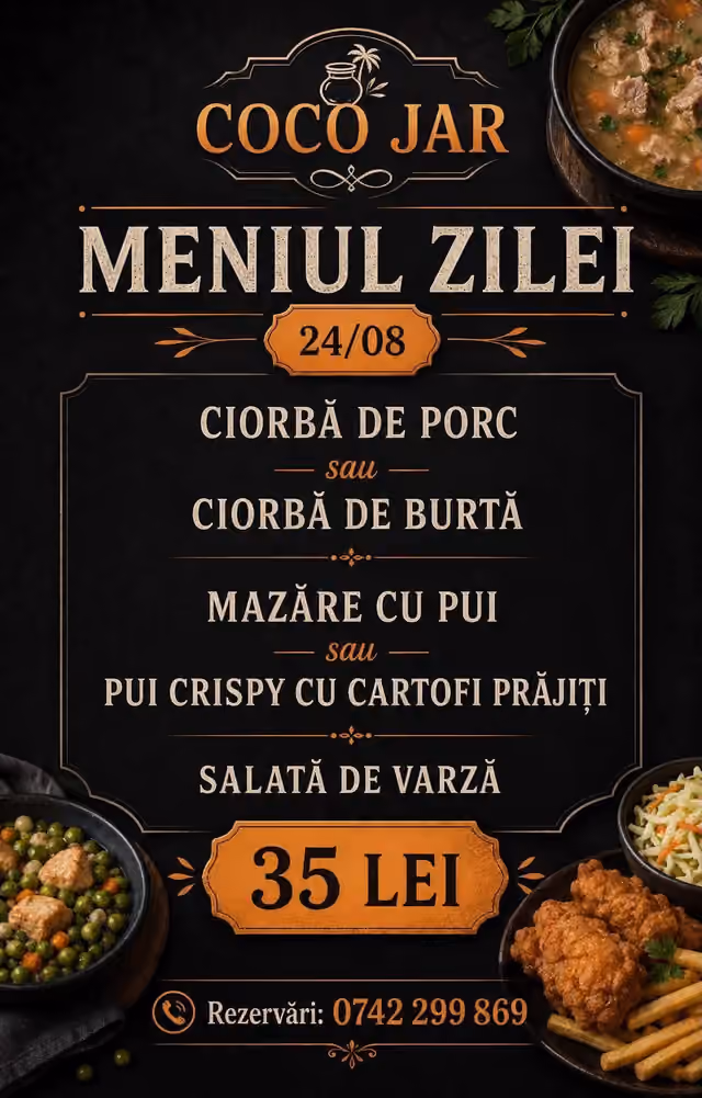 Afișul meniului servit Luni, 24 august 2026