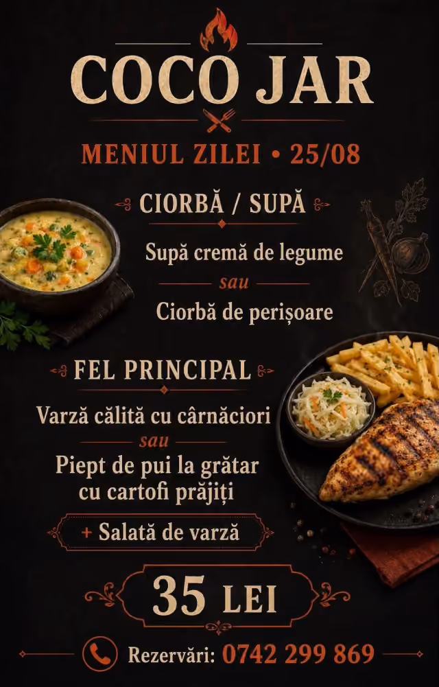 Afișul meniului servit Marți, 25 august 2026