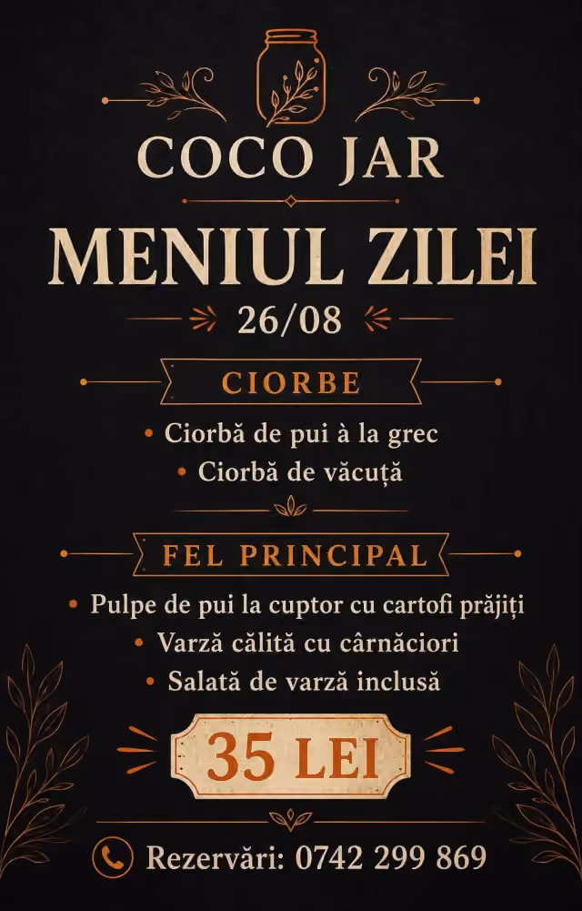 Afișul meniului servit Miercuri, 26 august 2026